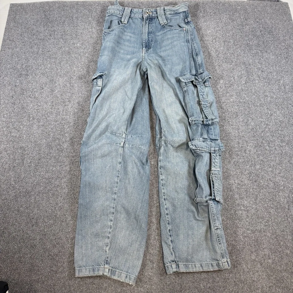 Zara Jeans Womens 2 (Fits 25x31) Blue‎ Cargo Denim Grunge Y2K Baggy Pockets